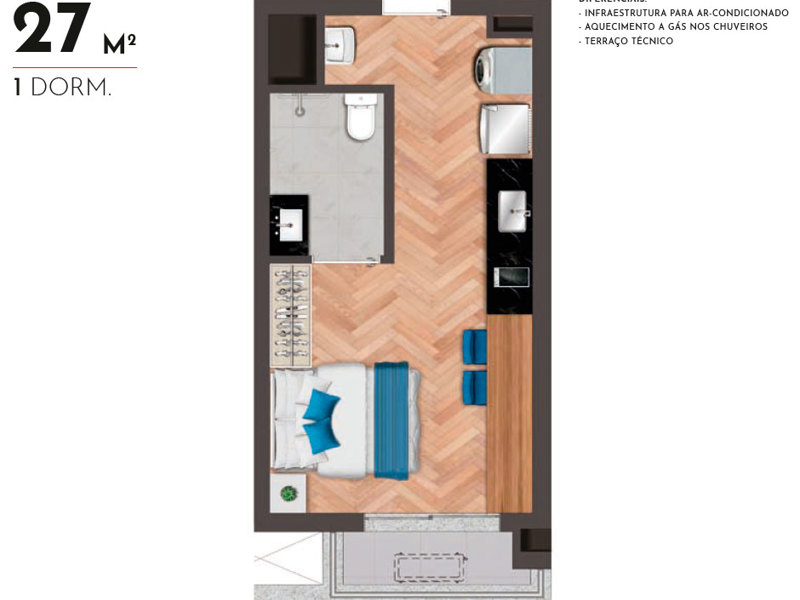 Ilustração da planta - Tipo 27 m² - 1 Dorm. - Unidades para serviços de moradia 