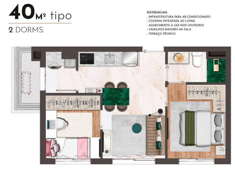 Ilustração da planta - Tipo 40m² 2 dorm