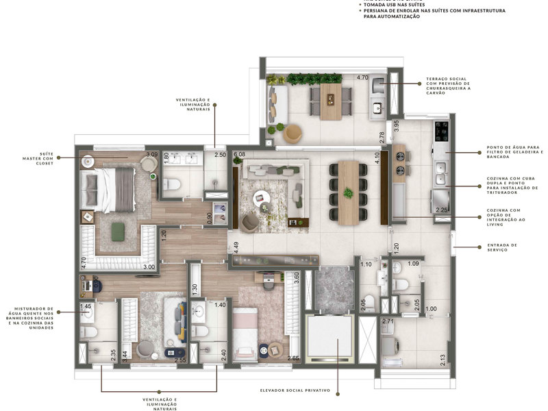 Ilustração da planta - Perspectiva artística da planta tipo 3 suítes de 144 m²