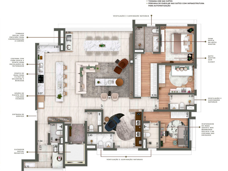 Ilustração da planta - Perspectiva artística da planta opção de 180m² de 4 suítes, com home office, cozinha e living ampliados