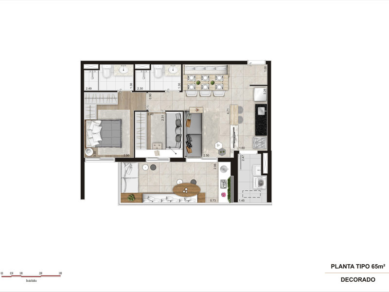 Ilustração da planta - Tipo 65m²