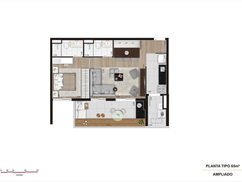Ilustração da planta - Tipo 65m² opção