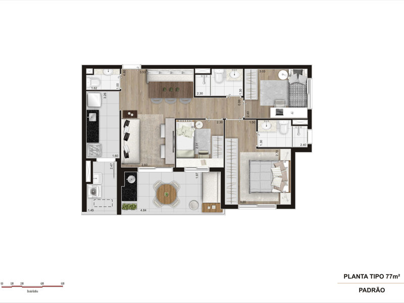 Ilustração da planta - Tipo 77m²