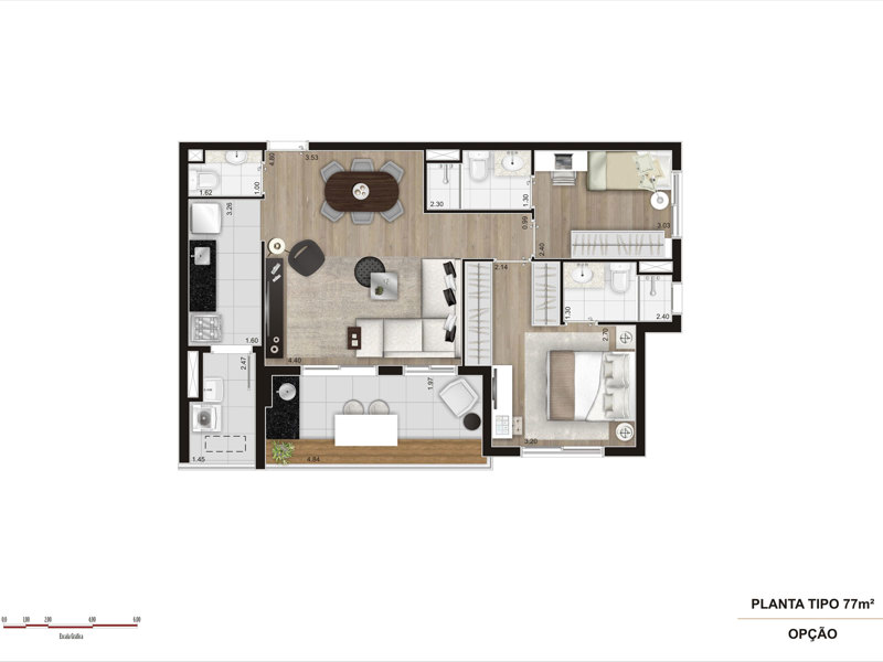 Ilustração da planta - Tipo 77m² opção