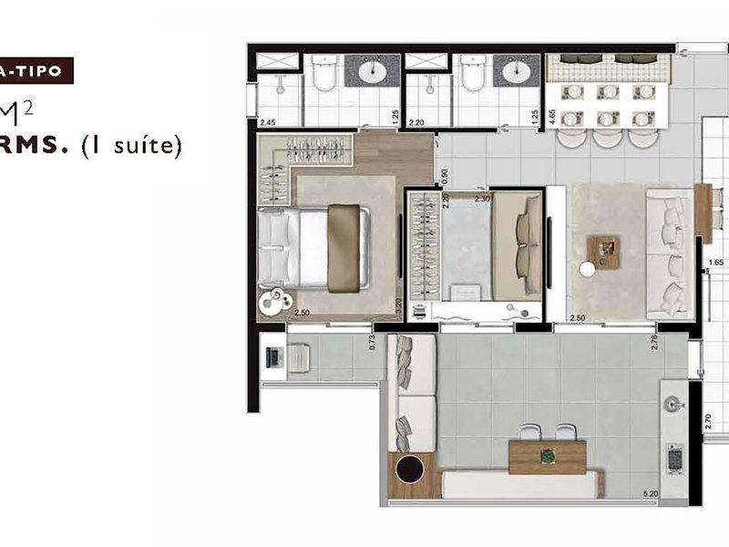 Ilustração da planta - Planta tipo 68,82m²