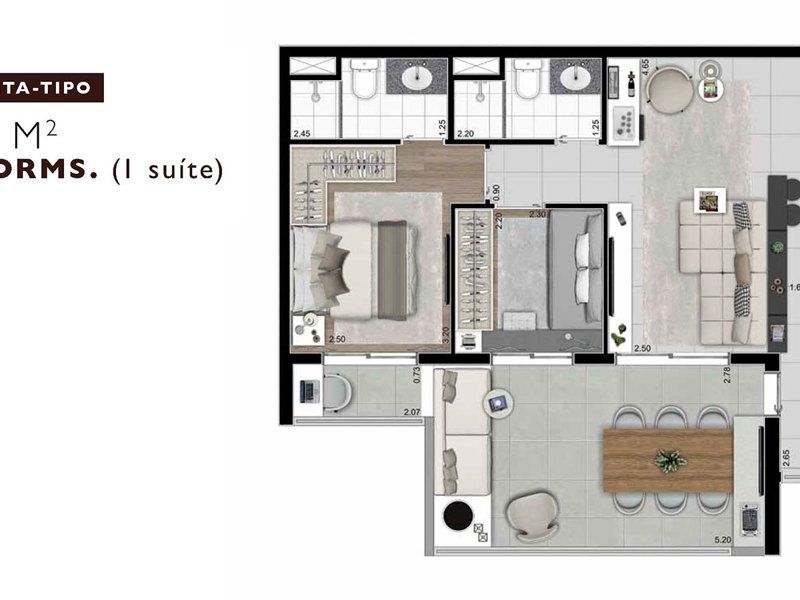 Ilustração da planta - Planta tipo 70,27m²