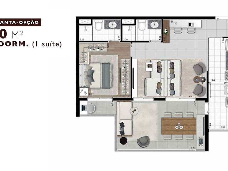 Ilustração da planta - Planta opção 70,27m²
