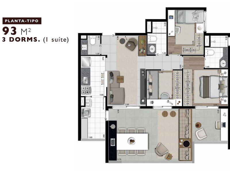 Ilustração da planta - Planta tipo 93,04m²