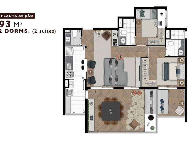 Ilustração da planta - Planta opção 93,04m²