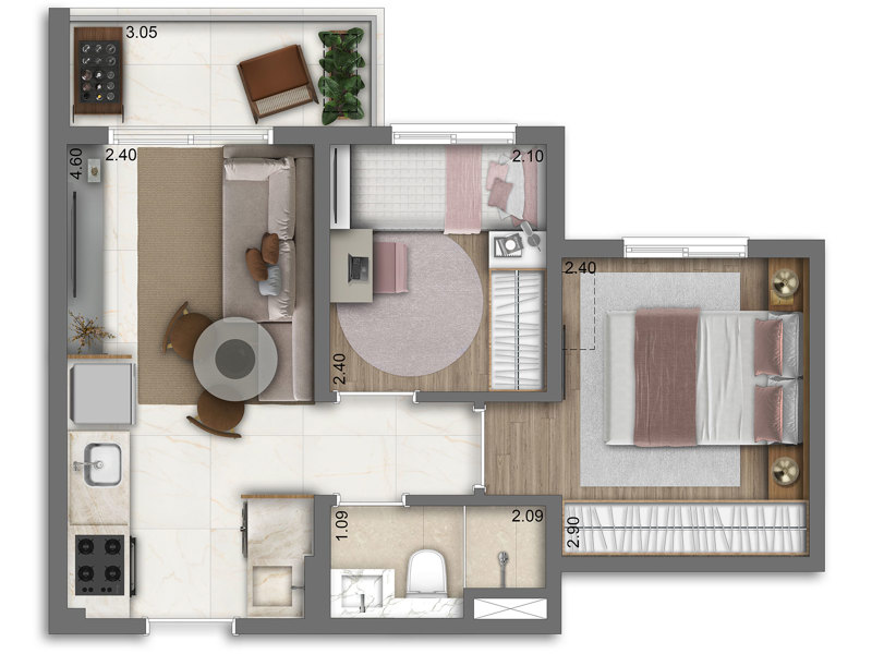 Ilustração da planta - Planta tipo do apto de 2 dormitórios com 35 m²