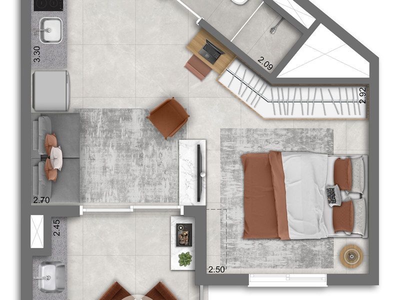 Ilustração da planta - Planta tipo Studio com 27 m²