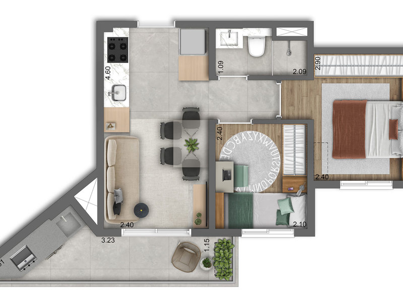 Ilustração da planta - Planta tipo do apto de 2 dormitórios com 40 m²