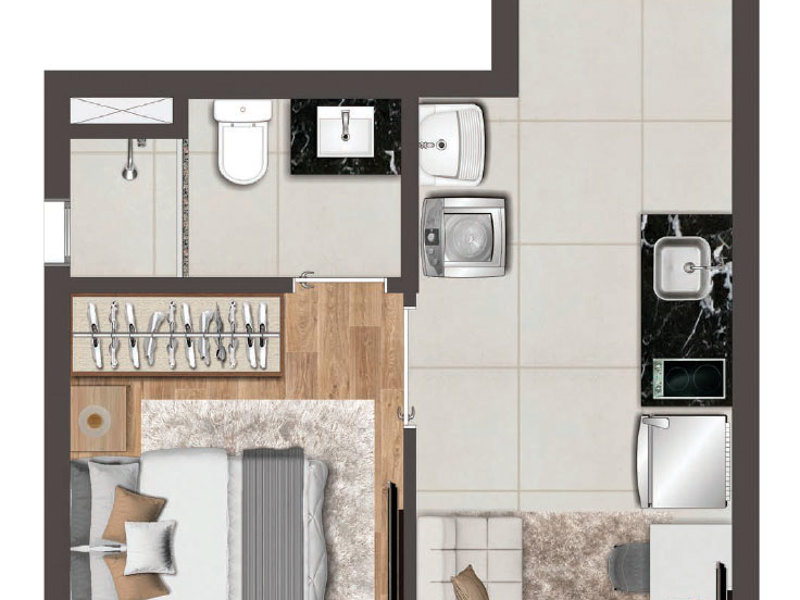 Ilustração da planta - Planta tipo 28m² 1 dorm
