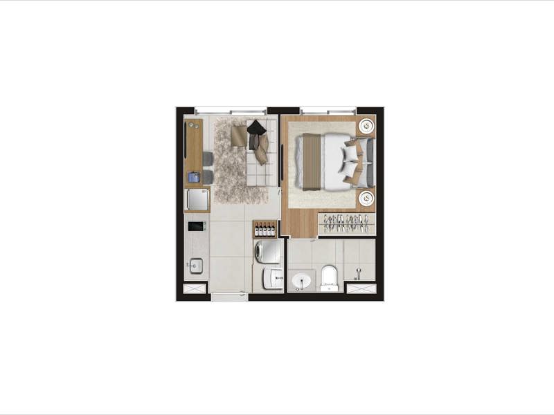 Ilustração da planta - 1 dorm - 24m²