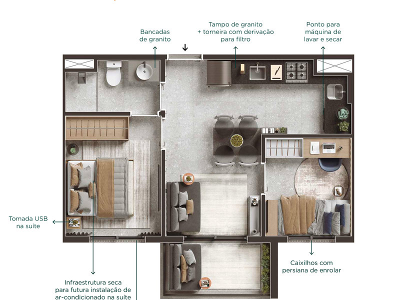 Ilustração da planta - Planta tipo do apto. de 38 m² com 2 dormitórios