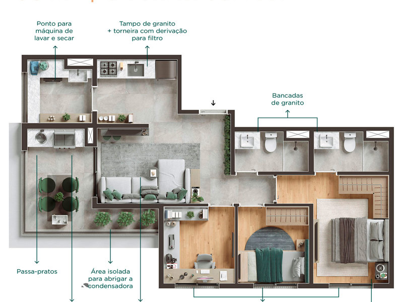 Ilustração da planta - Planta tipo do apto de 66 m² com 3 dormitórios
