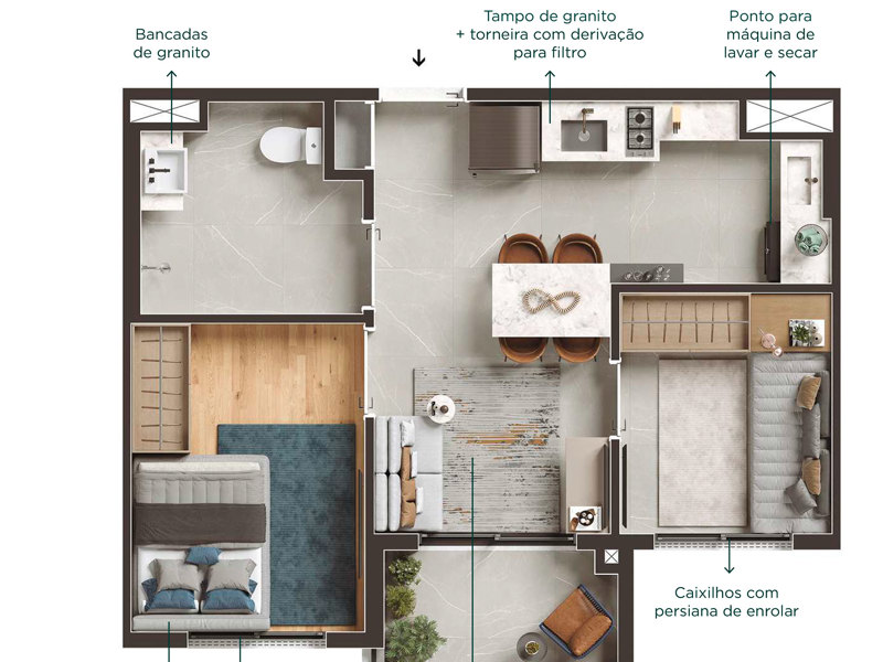 Ilustração da planta - Planta tipo do apto de 40 m² com 2 dormitórios