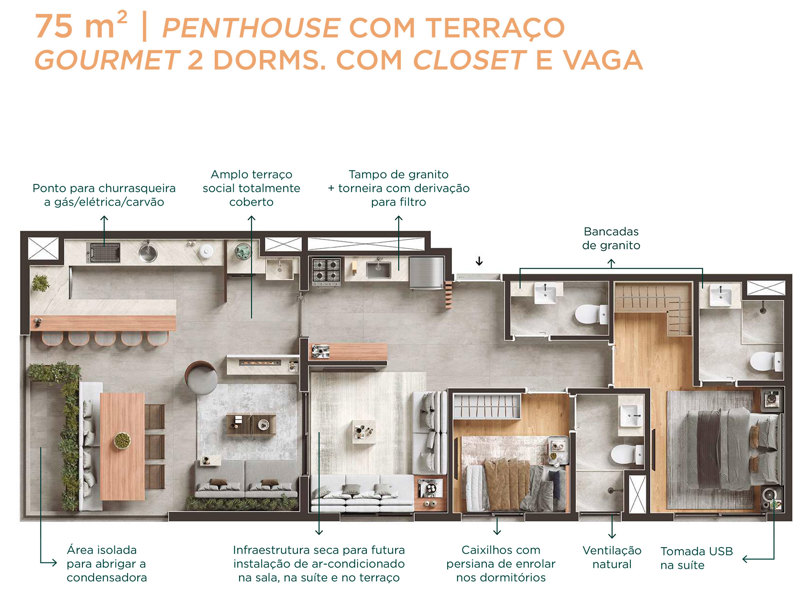 Ilustração da planta - Planta Penthouse de 75m²  com 2 dormitórios, terraço, closet e vaga 