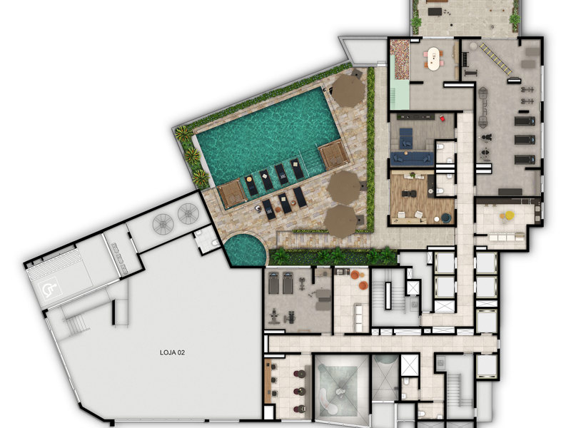Ilustração da planta - Implantação 1º pavimento - Lazer