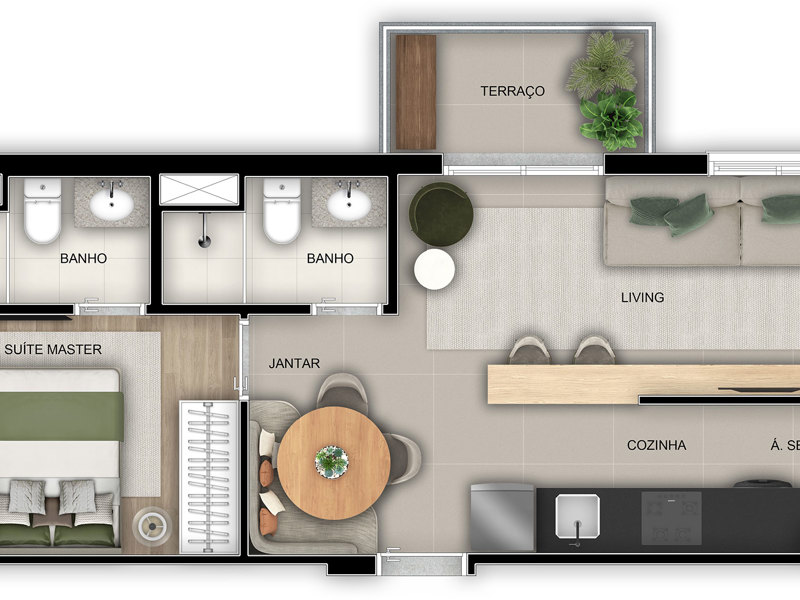 Ilustração da planta - Planta tipo 44m² (sala ampliada) 1 dorms (suíte)  44m² 