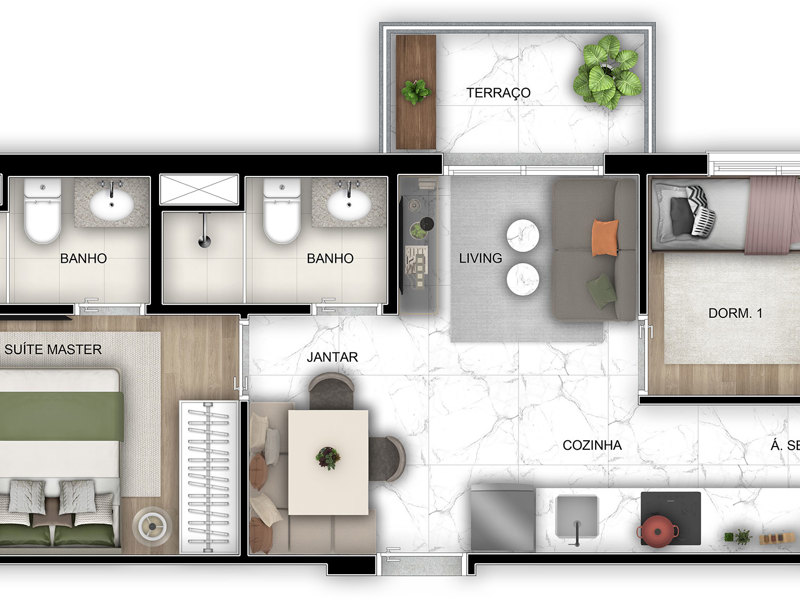 Ilustração da planta - Planta tipo 44m² (padrão) 2 dorms (suíte)