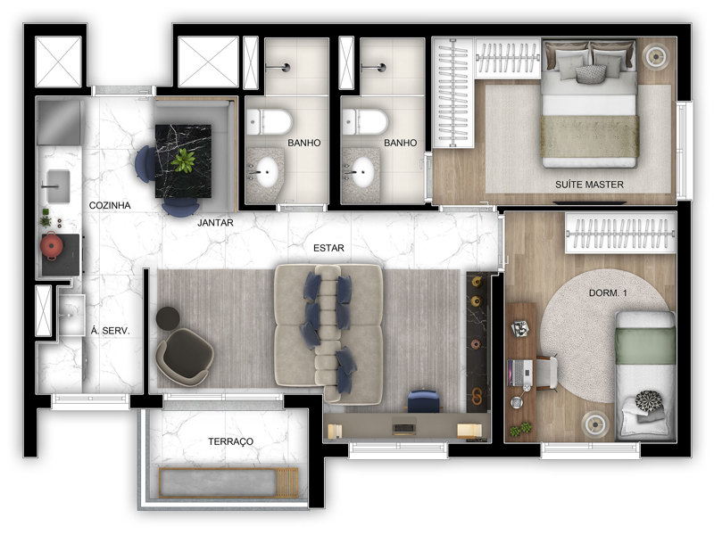 Ilustração da planta - Planta tipo 56m² (sala ampliada) 2 dorms (suíte) com vaga