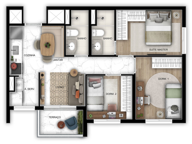 Ilustração da planta - Planta tipo 56m² (padrão) 3 dorms (suíte) com vaga 