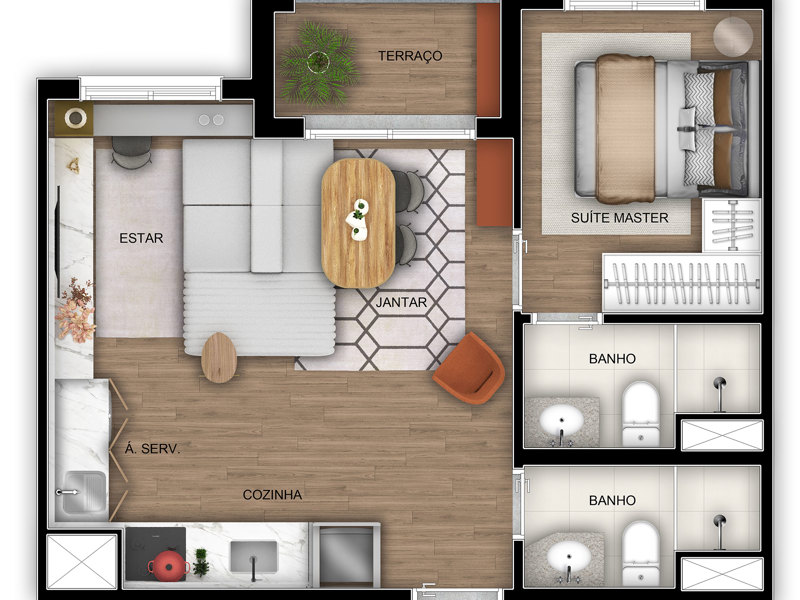Ilustração da planta - Planta tipo 42m² (sala ampliada) 1 dorms (suíte) 