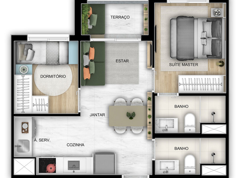 Ilustração da planta - Planta tipo 42m² (padrão) 2 dorms (suíte)