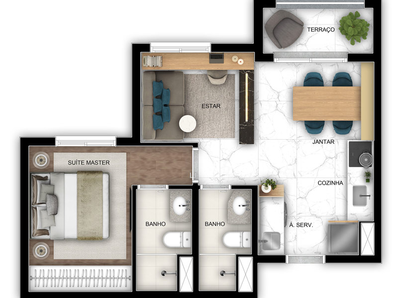 Ilustração da planta - Planta tipo 44m²  (sala ampliada) 1 dorms (suíte) com vaga