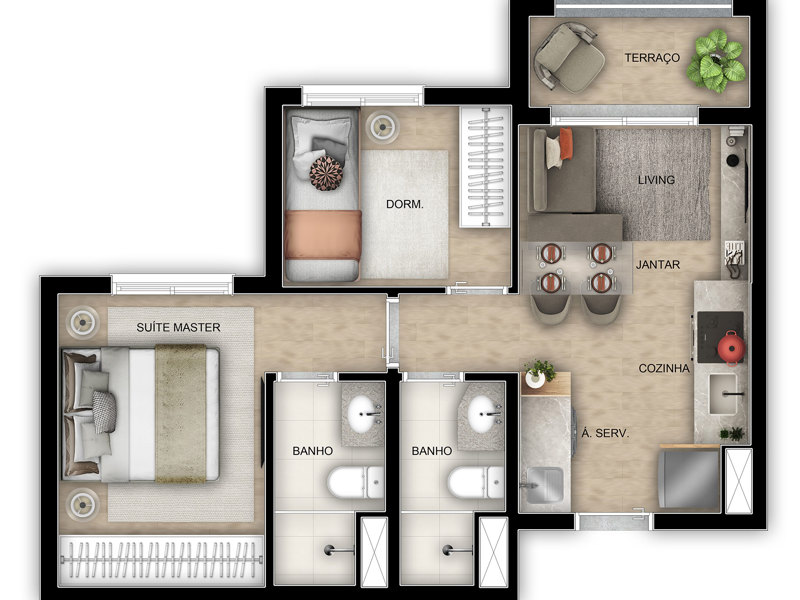 Ilustração da planta - Planta tipo 44m² (padrão) 2 dorms (suíte) com vaga