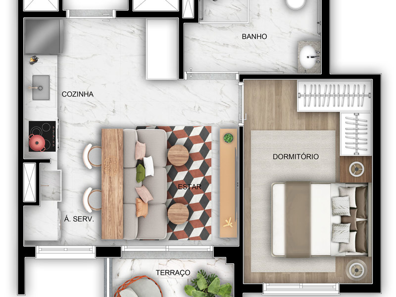 Ilustração da planta - Planta tipo 38m² 1 dorm