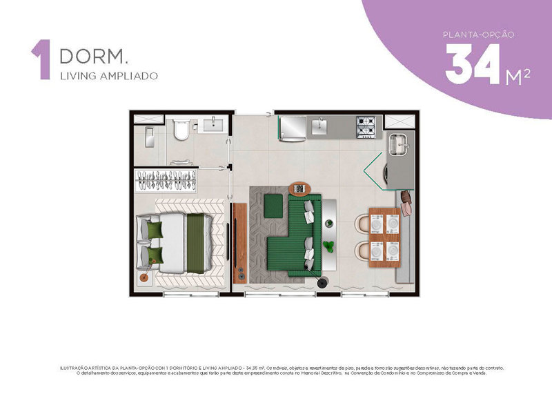Ilustração da planta - Planta 34m² - sala ampliada