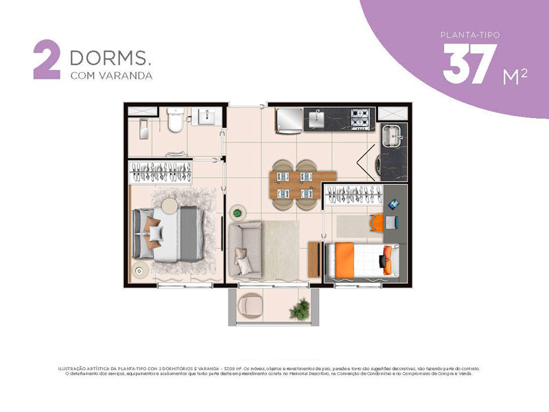 Ilustração da planta - Planta 37m² - 2 dorms