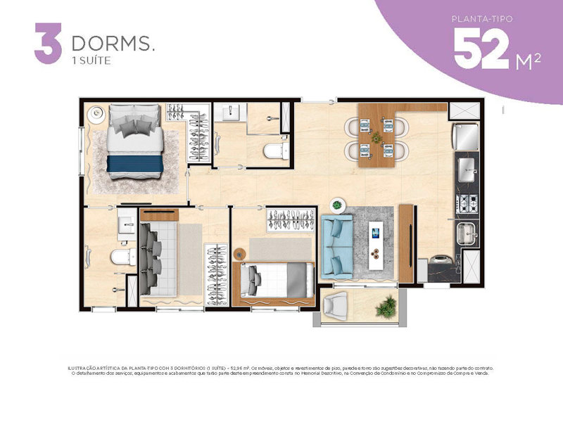 Ilustração da planta - Planta 52m² - 3 dorms