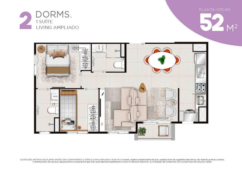 Ilustração da planta - Planta 52m² - sala ampliada