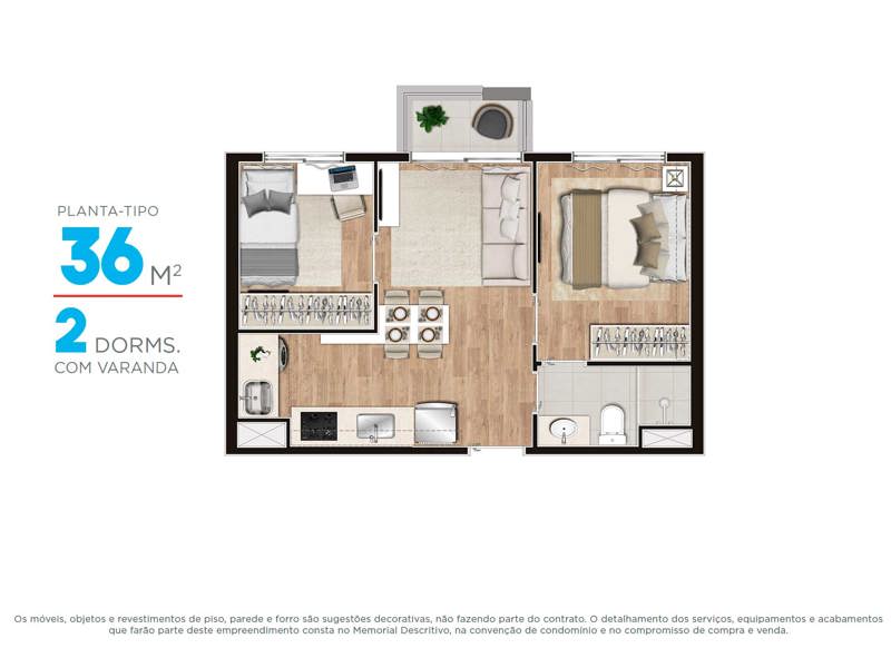 Ilustração da planta - Planta 36m² - Varanda
