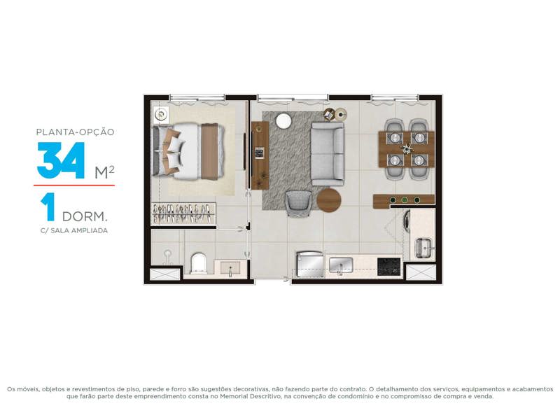 Ilustração da planta - Planta 34m² - Sala Ampliada
