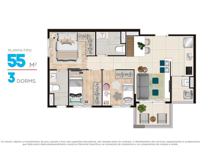 Ilustração da planta - Planta 55m²