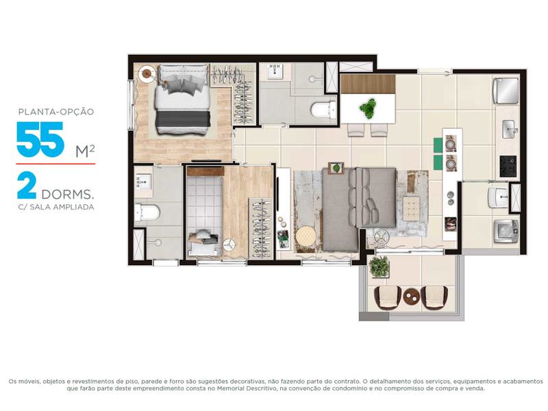 Ilustração da planta - Planta 55m² - Sala Ampliada