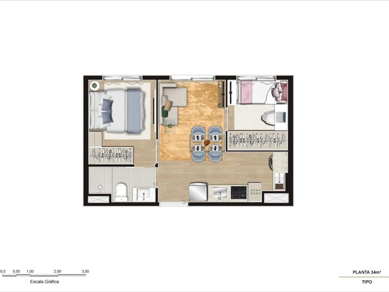 Ilustração da planta - Planta 34m²