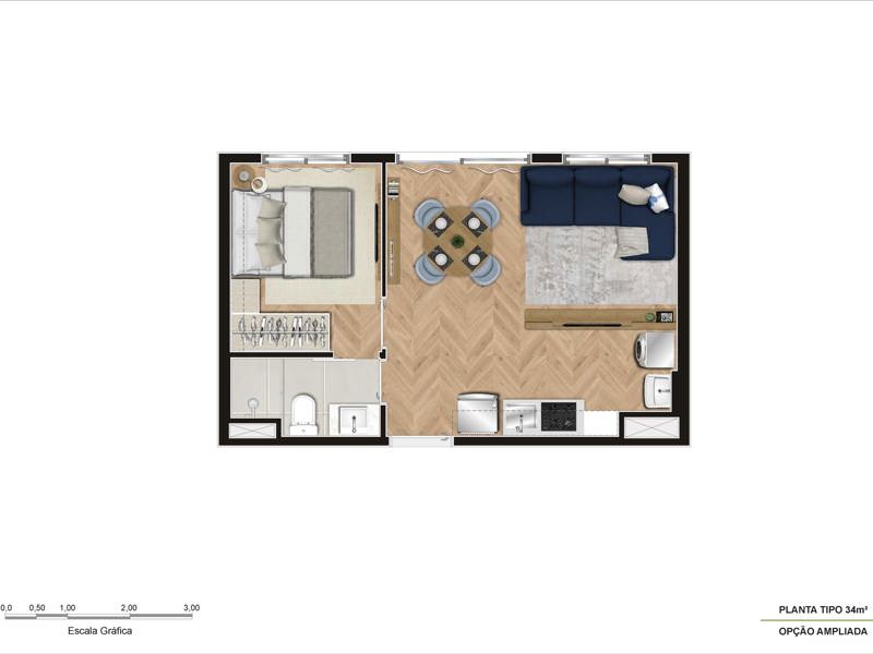 Ilustração da planta - Planta 34m² - Ampliada