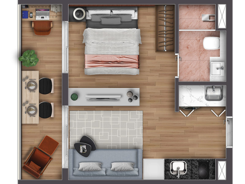 Ilustração da planta - Planta 31m² com 1 dorm. e varanda. 