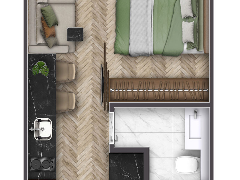 Ilustração da planta - Planta 24m² com 1 dorm. 