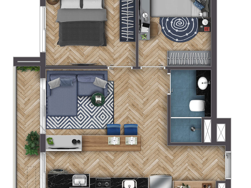 Ilustração da planta - Planta 42m² com 2 dorm. e varanda. 