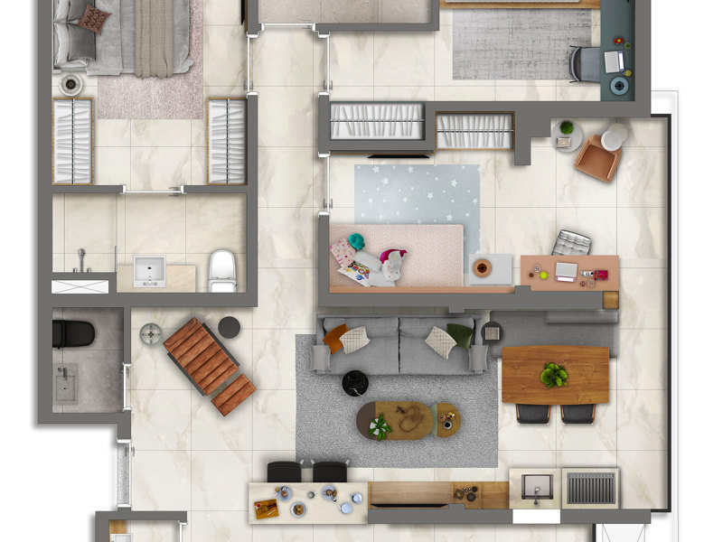 Ilustração da planta - Perspectiva artística da planta decorada de 92 m² com 3 dormitórios 