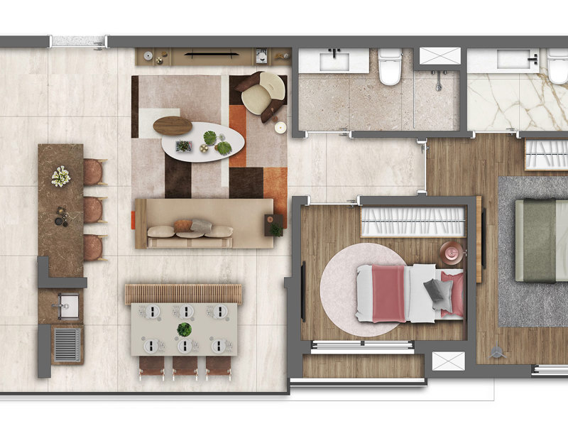 Ilustração da planta - Perspectiva artística da planta tipo de 72 m² com 2 dormitórios