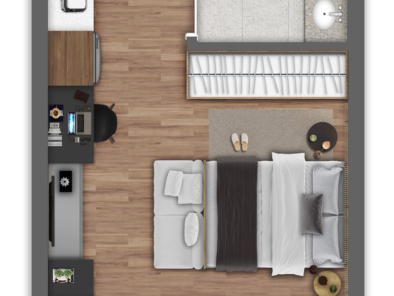 Ilustração da planta - Perspectiva artística da planta tipo studio de 23 m²