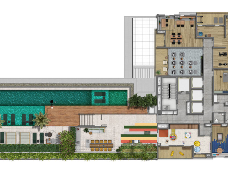 Ilustração da planta - Perspectiva artística da implantação do lazer no 11º pavimento