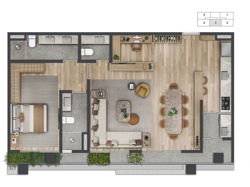 Ilustração da planta - Planta 91m² opção 